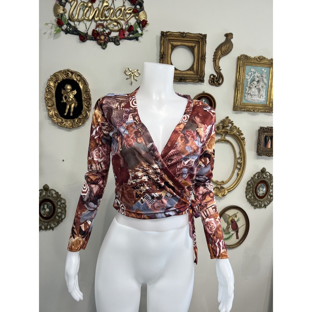 Vintage Cheryl Creations Art Collage Long Sleeve Wrap Crop Top Size L